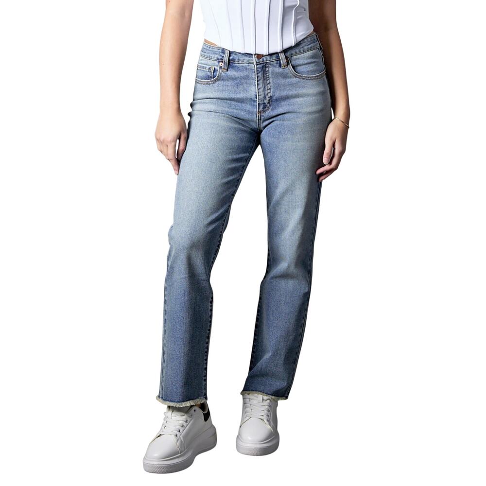 Blue Revival Quinn Mid Rise Straight Leg Ankle Jeans Sz 25X28, Fiji Wash Raw Hem